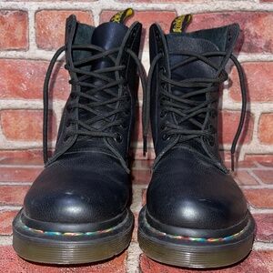Pre-Owned Dr Martens 1460 Pascal Rainbow Stitch Black Leather Boots Size 7